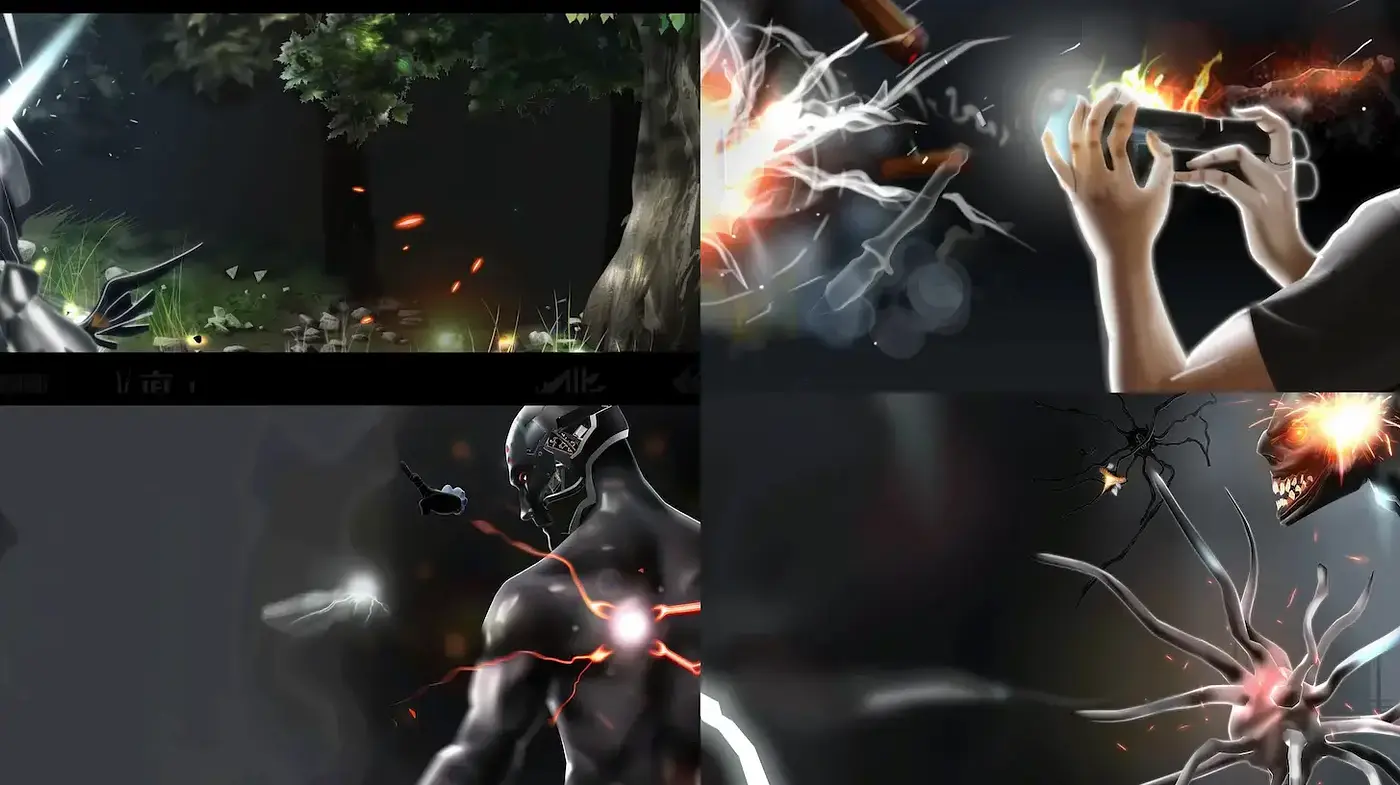 Dark, dynamic visual narrative with a blend of fantasy elements and stark contrasts - Midjourney sref style