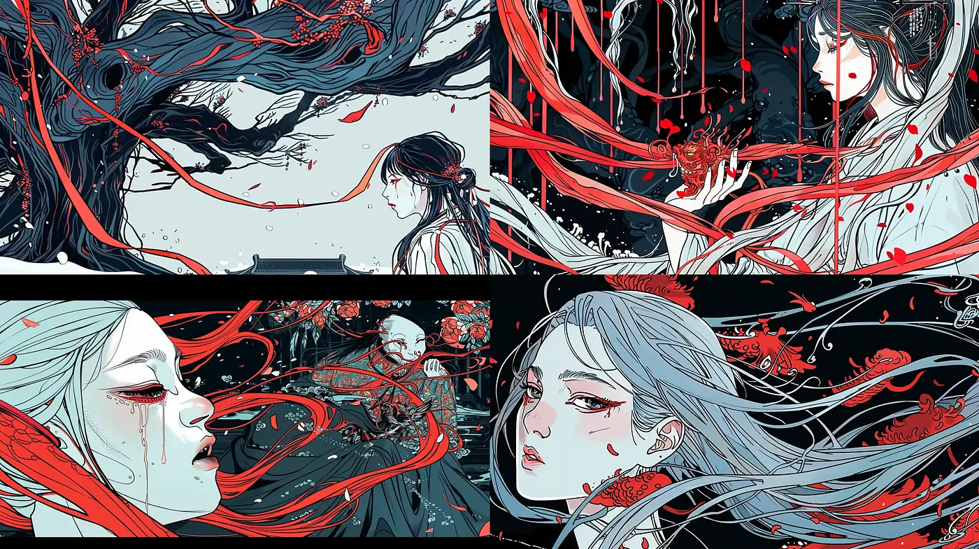 Ethereal Crimson Whispers: An Exploration in Stylized Monochrome with Red Accents - Midjourney sref style
