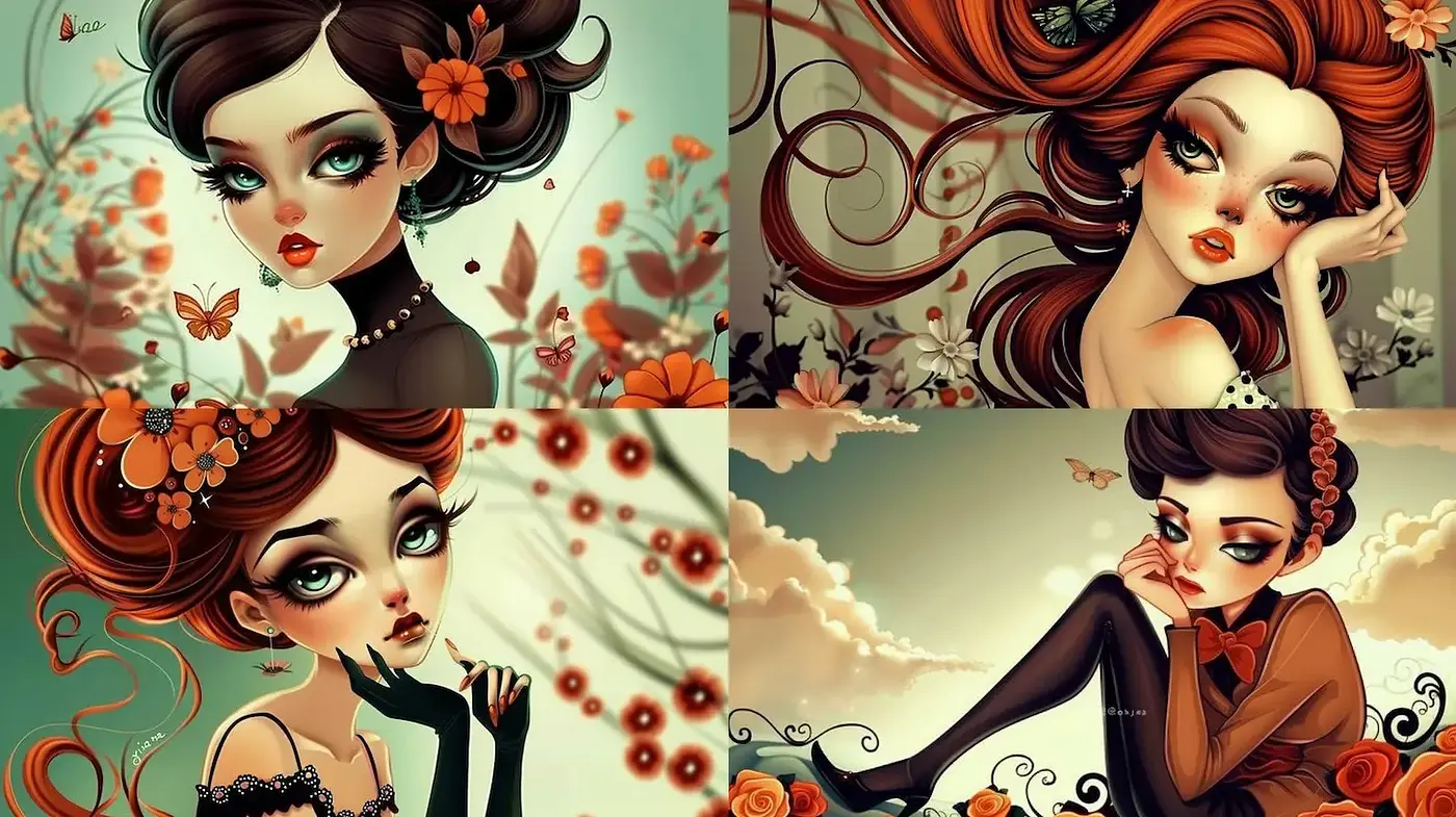 Whimsical and Enchanting Portraits with Floral Motifs and Vibrant Colors - Midjourney sref style