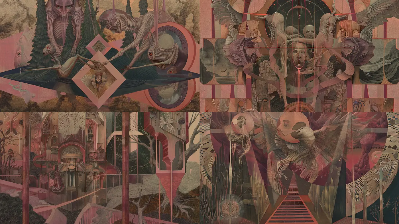 Geometric Surrealism with Ethereal Overtones in a Muted Palette - Midjourney sref style