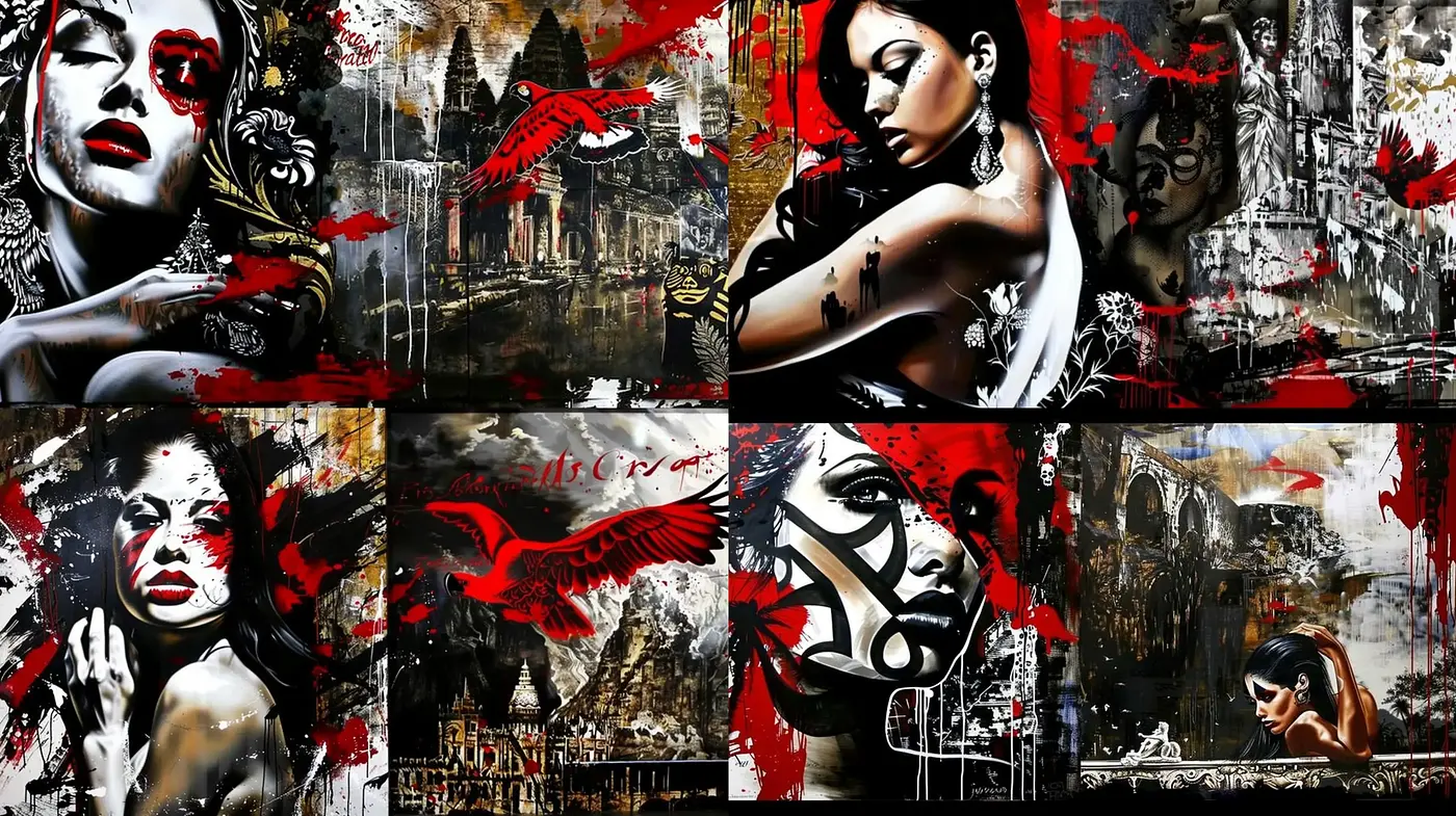 Abstract Expressionist Fusion of Urban Decay and Theatrical Drama - Midjourney sref style