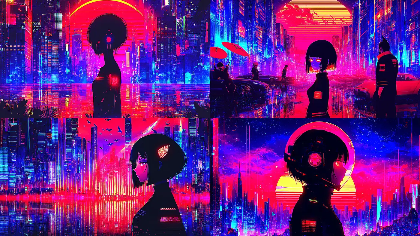 Futuristic cyberpunk aesthetic with neon lighting and bold character design - Midjourney sref style