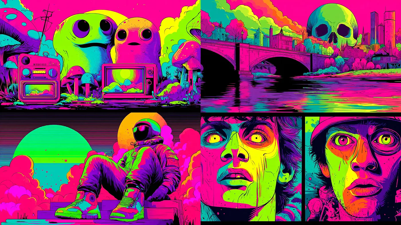 Vibrant Surrealistic Aesthetic with Elements of Psychedelia and Neon Art - Midjourney sref style