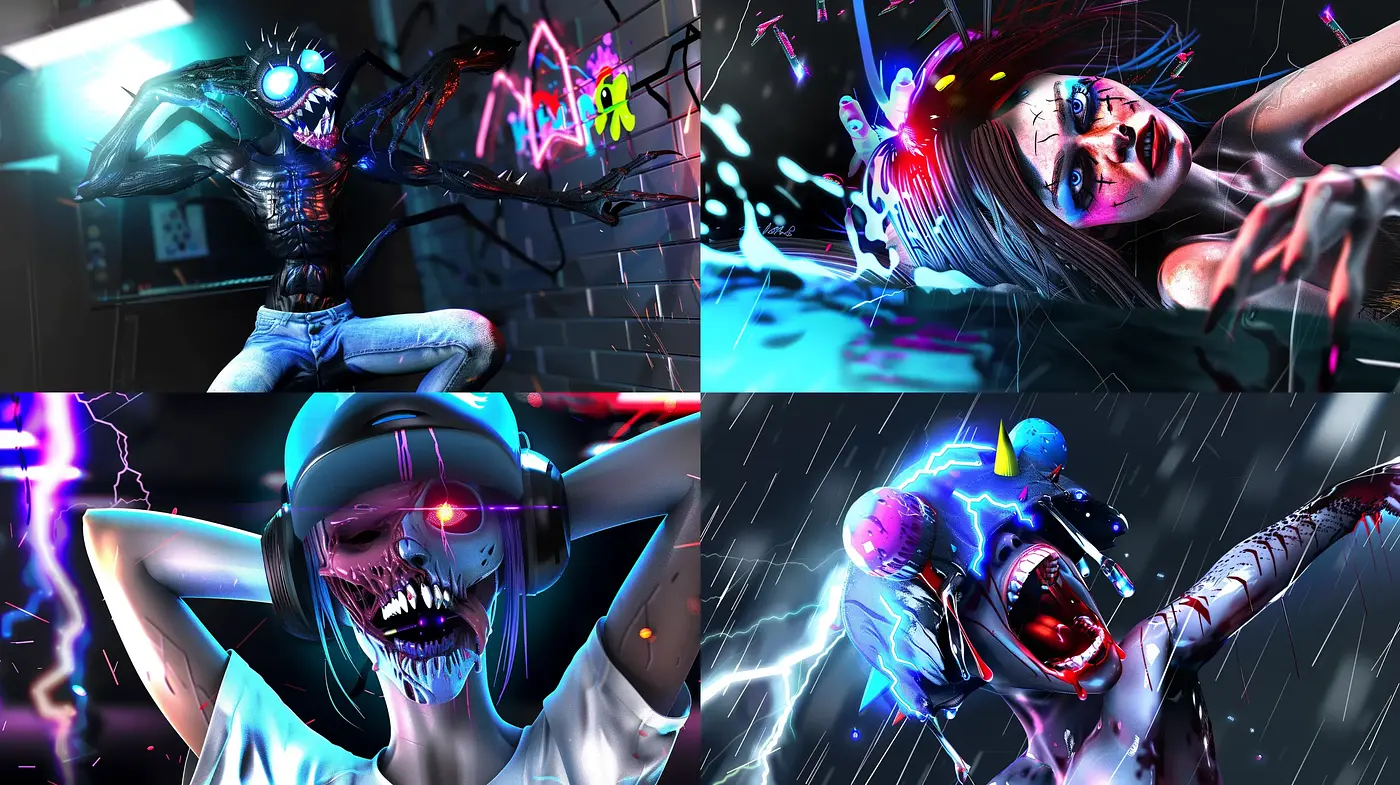 Neon Cybernetic Nightmare: A Fusion of Horror and Futurism - Midjourney sref style