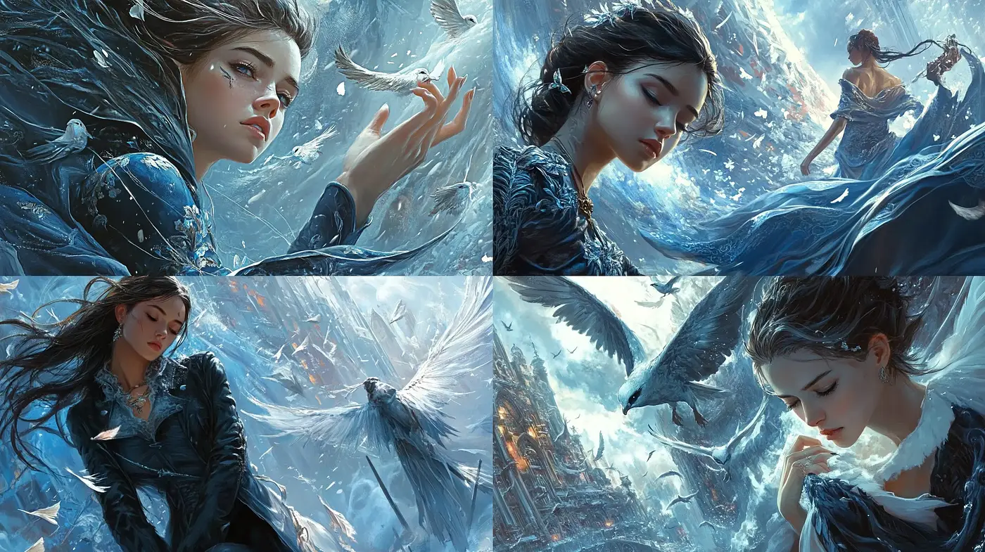 Ethereal Ice Fantasy with Dynamic Movement and Intricate Detailing - Midjourney sref style