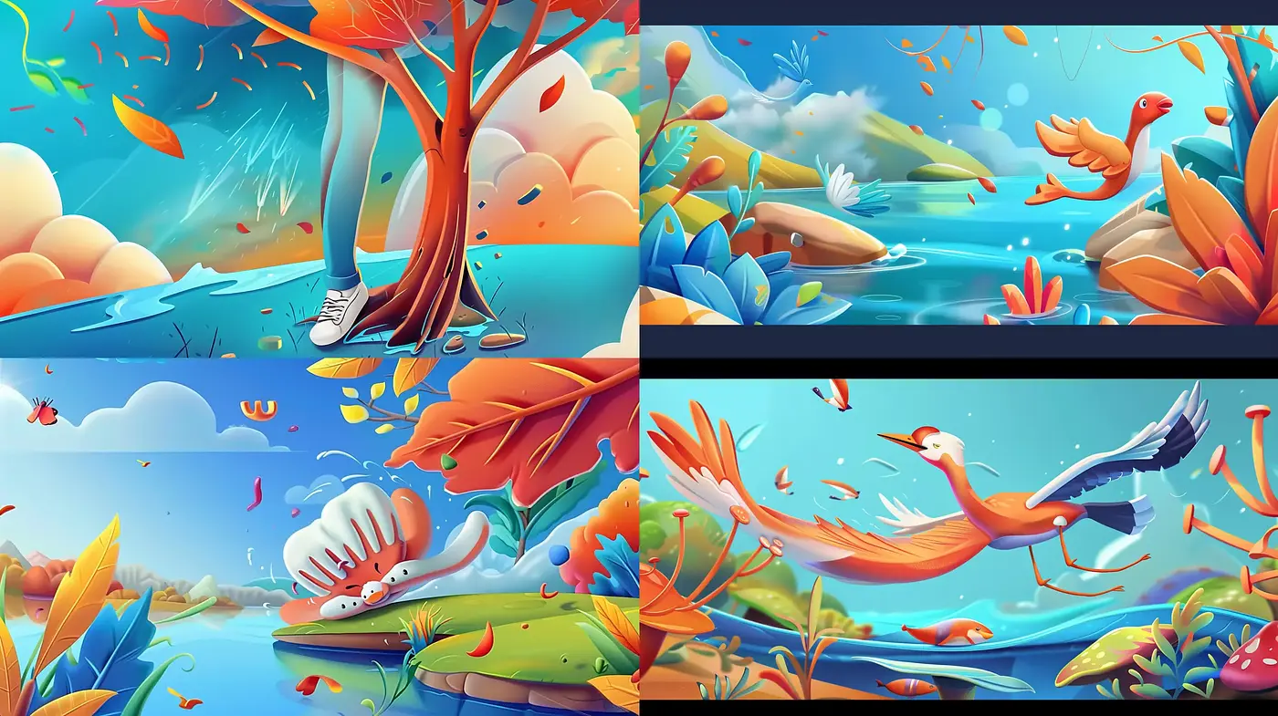 Vibrant Arboreal Dreamscape with Expressive Fauna - Midjourney sref style