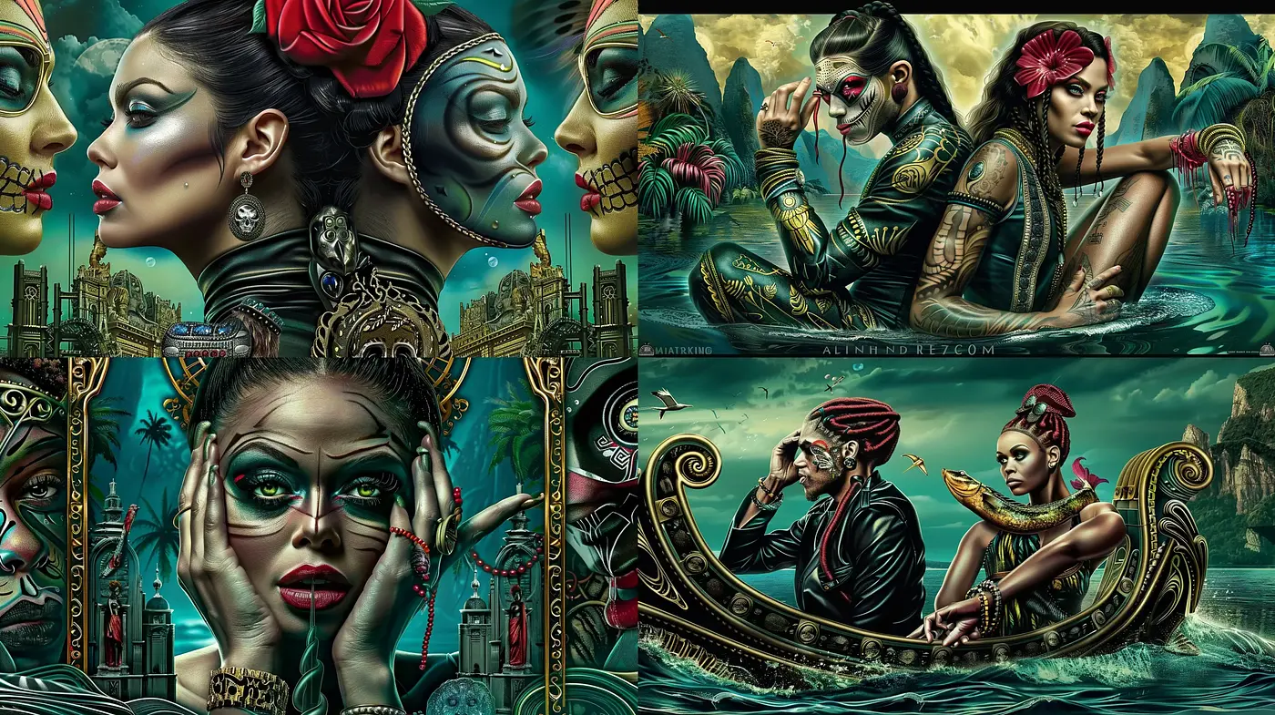 Surreal Mythological Fusion with a Baroque and Hyper-Realistic Aesthetic - Midjourney sref style