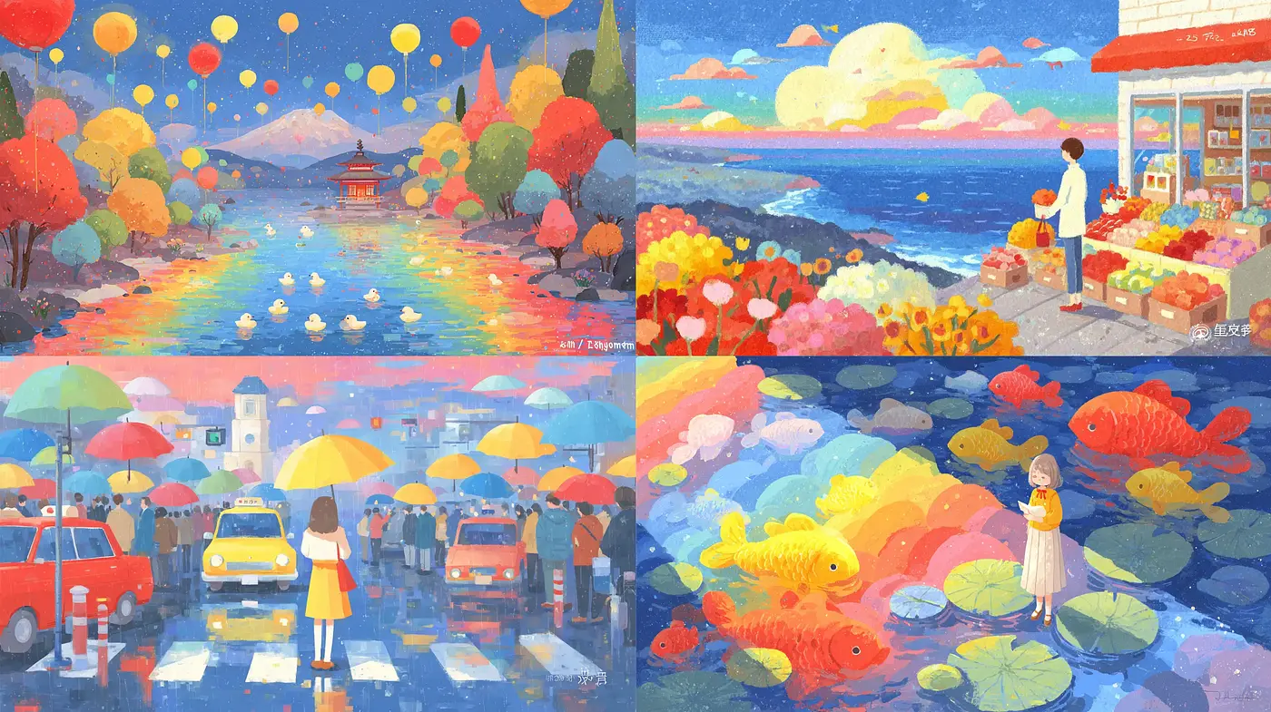Vibrant and Dreamlike Landscape Illustrations with Playful Elements - Midjourney sref style