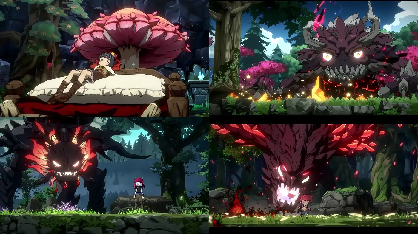 Lush Fantasy Landscapes with Fierce Beast Encounters in Anime Style - Midjourney sref style