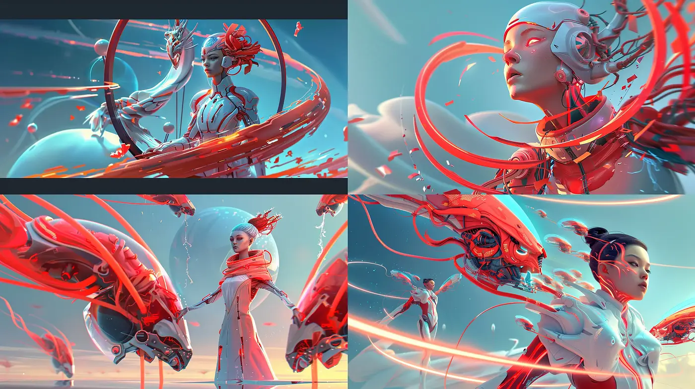 Futuristic Serenity in Cyan and Scarlet: A Synthesis of Dreamlike Sci-Fi Aesthetics - Midjourney sref style