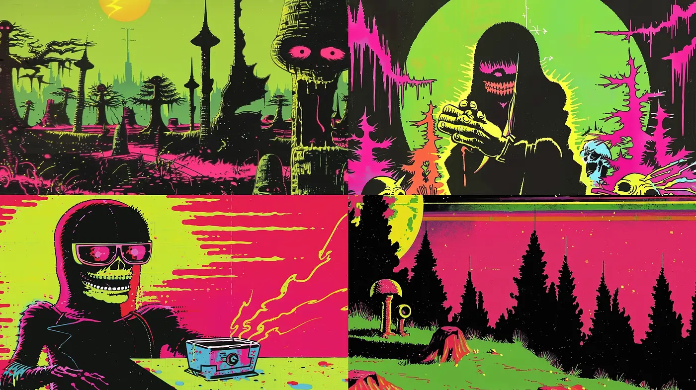 Surreal Psychedelic Noir with Vibrant Pop Art Overtones - Midjourney sref style
