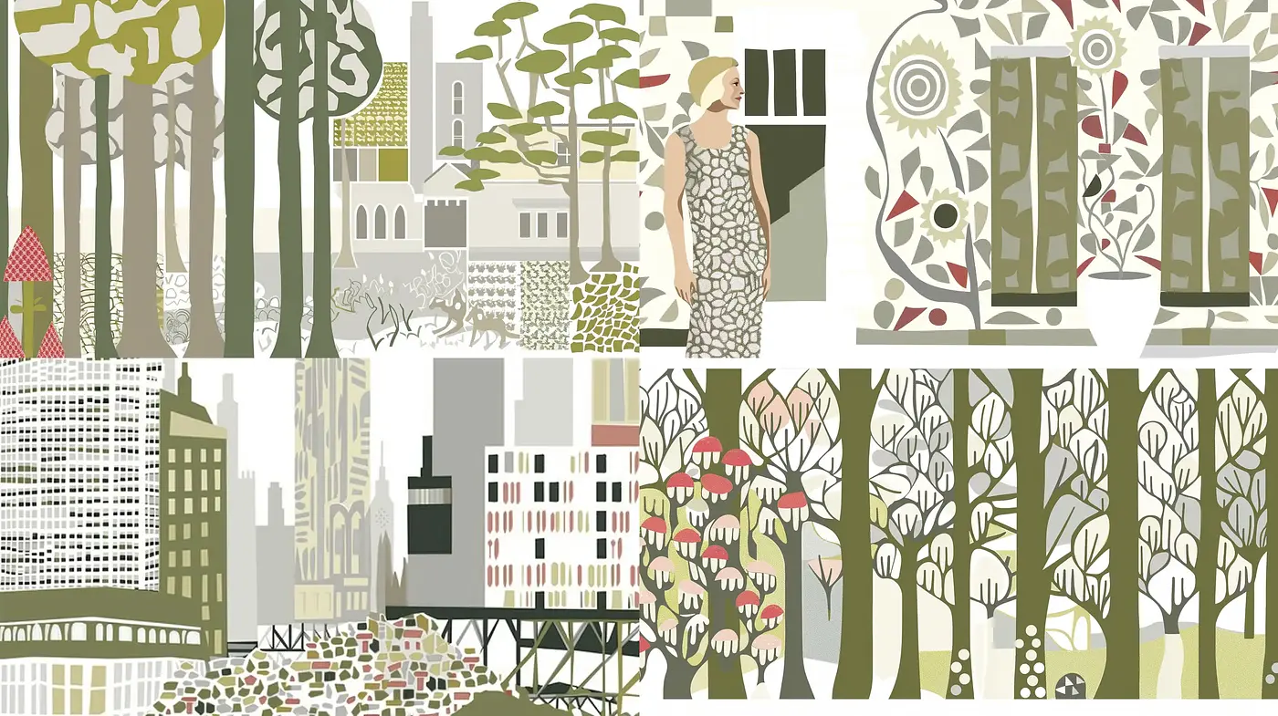 Abstract Urban Tapestry: A Harmonious Blend of Nature and Metropolis - Midjourney sref style