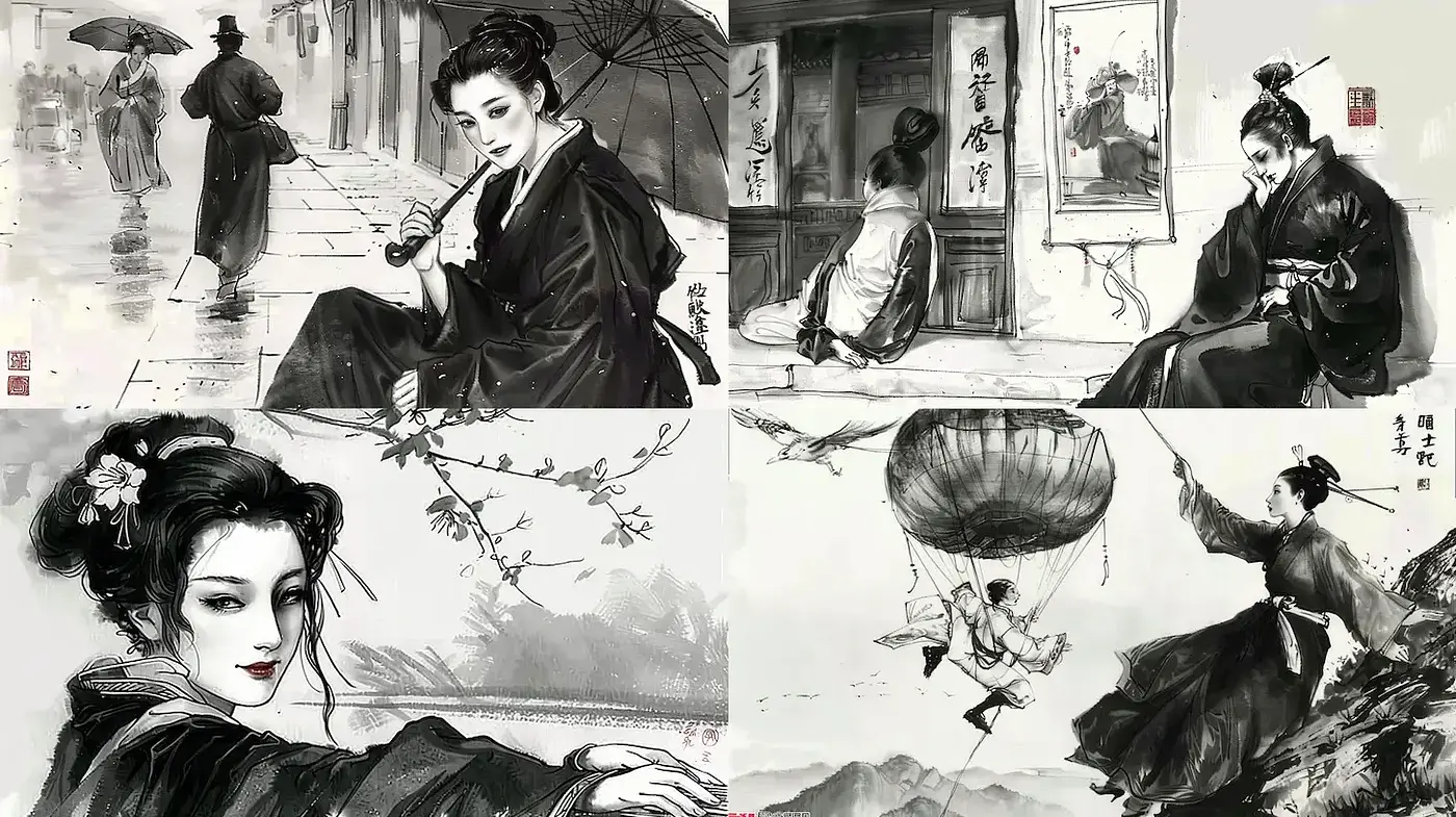 Monochromatic Elegance in Contemporary Ink Wash Illustrations - Midjourney sref style
