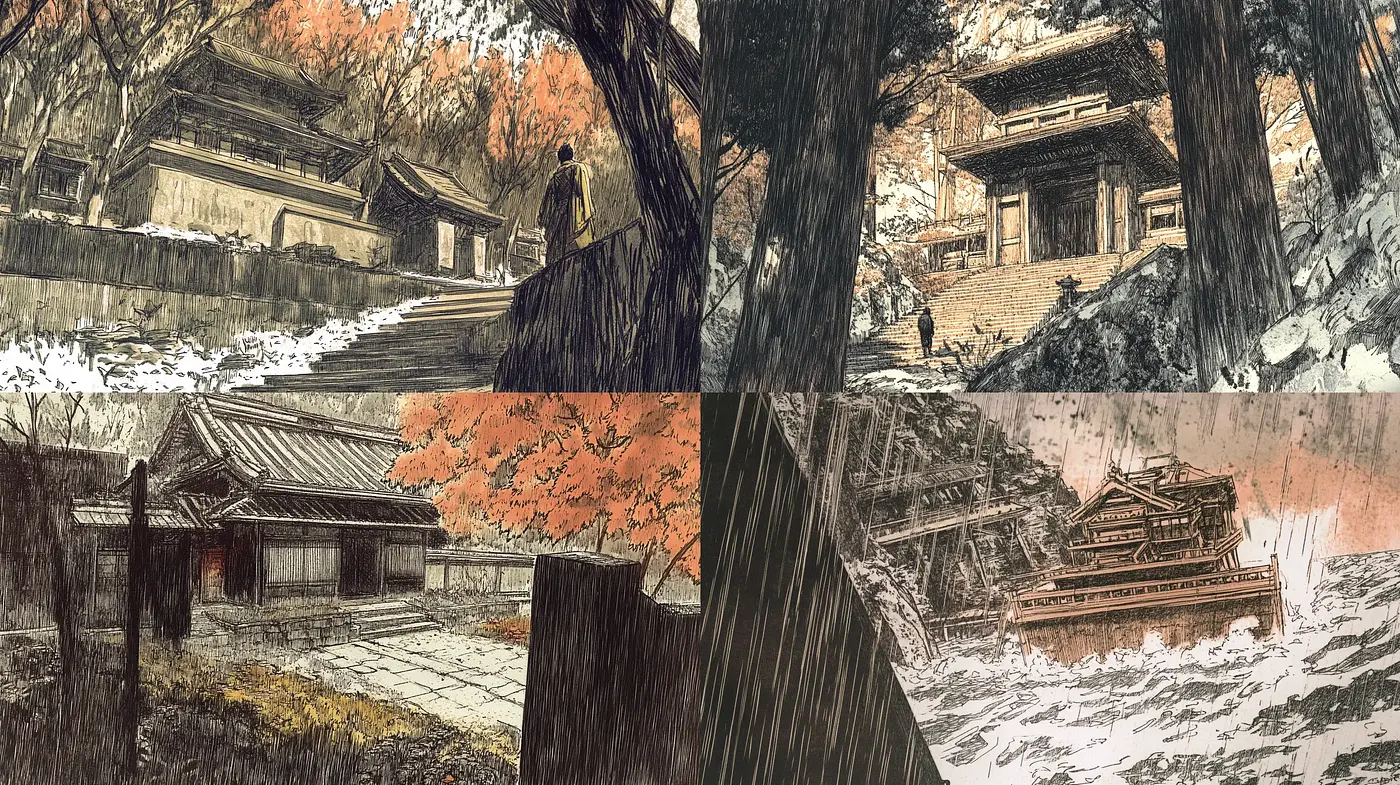 Rustic Ink Wash Dreamscapes: A Fusion of Traditional Asian Brushwork and Earthy Tones - Midjourney sref style
