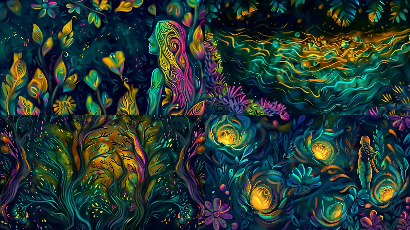 Vibrant Psychedelic Nature in Swirling Neon - Midjourney sref style