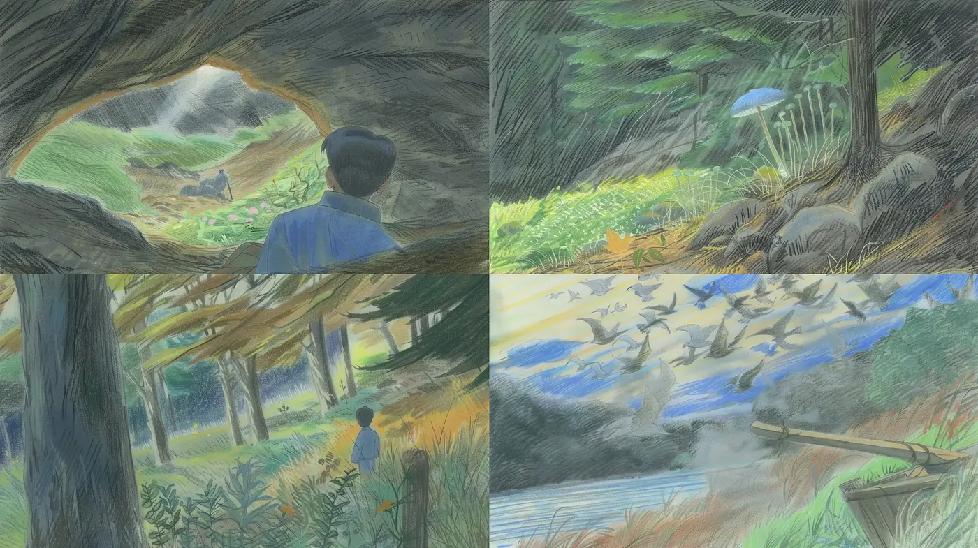 Whimsical Nature Chronicles: Pencil-etched Vistas with Subdued Hues - Midjourney sref style