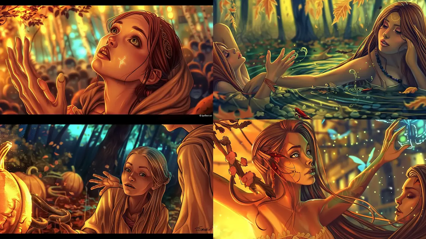 Enchanted Autumnal Serenity with Golden Hour Illumination - Midjourney sref style