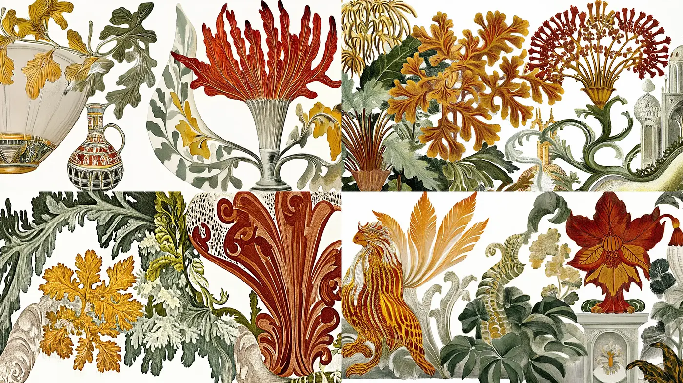 Ornate Botanical Tapestry: A Fusion of Florals and Filigree - Midjourney sref style
