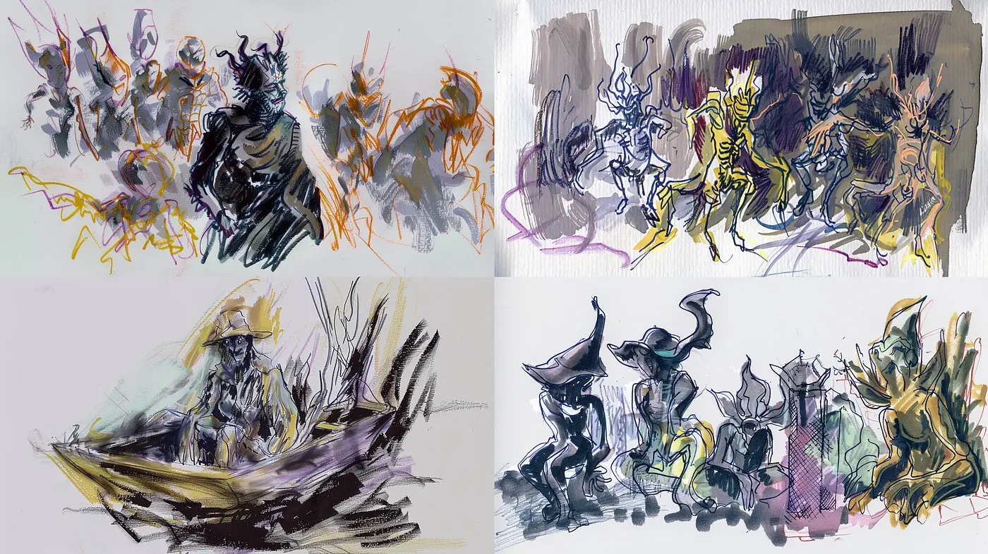 Ethereal Sketchbook Fantasy: An Artistic Confluence of Vivid Chaos and Whimsy - Midjourney sref style