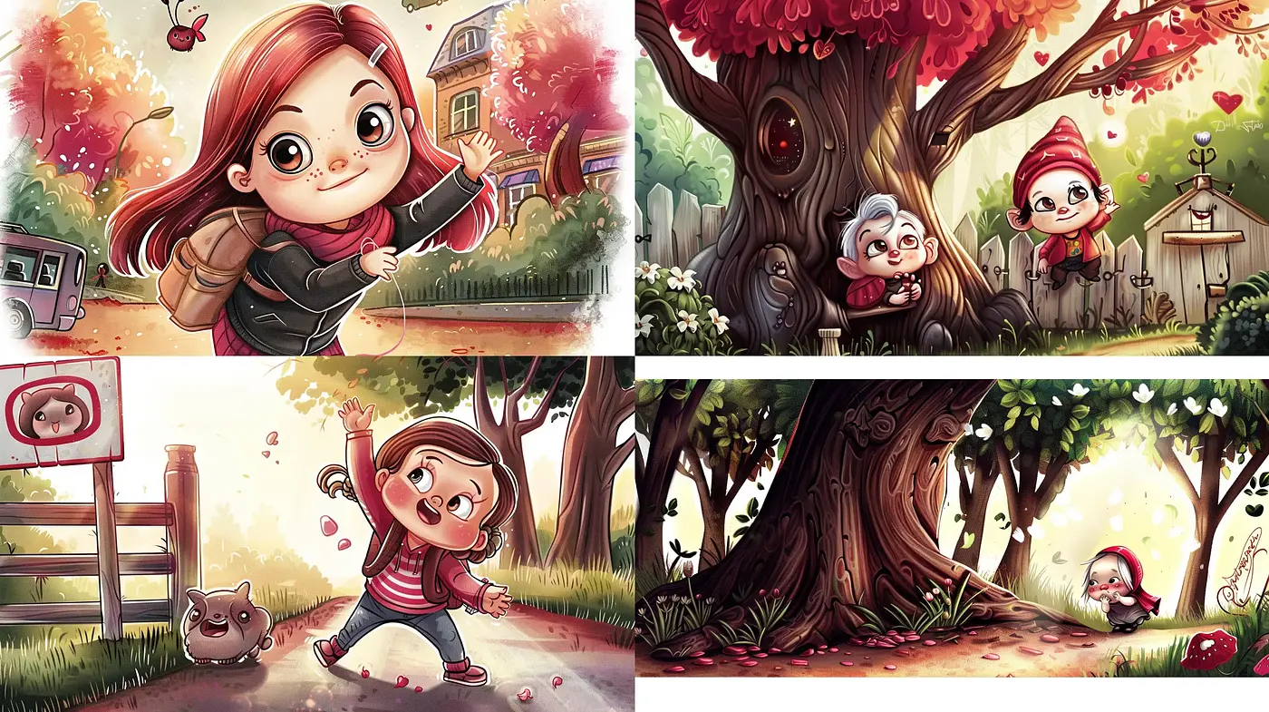 Whimsical Storybook Charm: A Consistent Journey Through Warm Hues and Enchanting Environments - Midjourney sref style