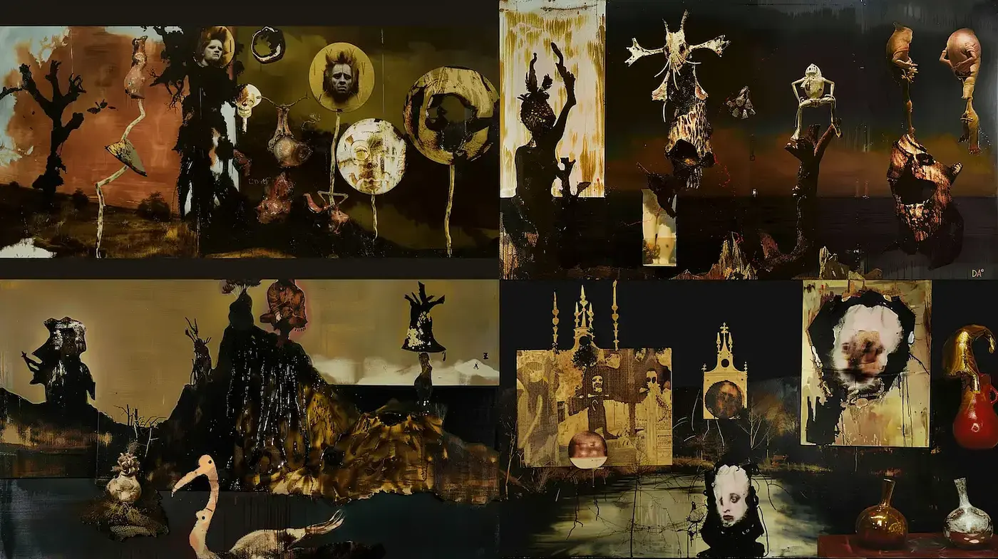 Surrealistic and Darkly Abstract Art with Mixed Media Influences - Midjourney sref style