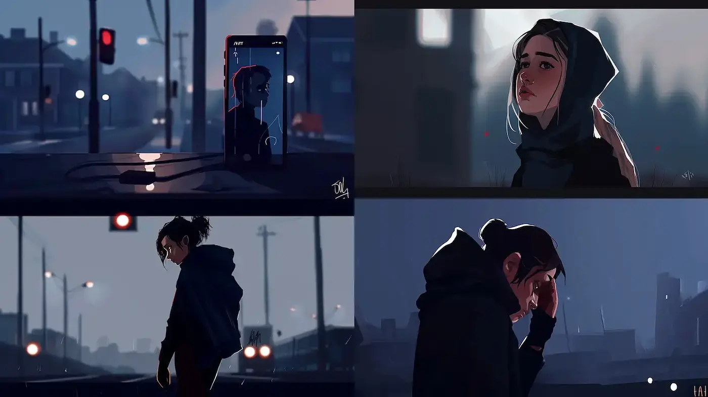 Moody urban scenes with a contemporary, illustrative style - Midjourney sref style