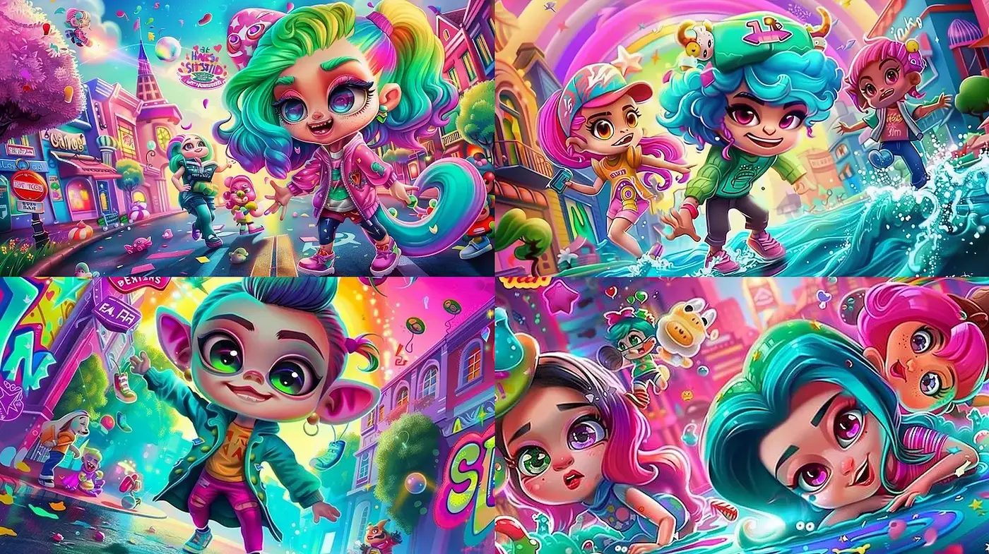 Vibrant and Playful Colorful Illustrations with Whimsical Characters - Midjourney sref style