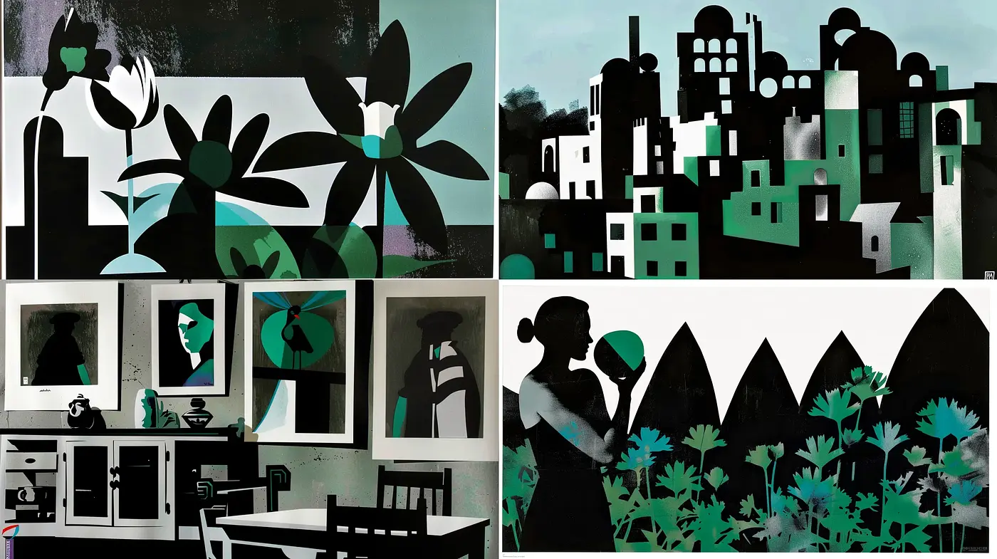Monochromatic Urban Enchantment in Stylized Silhouettes - Midjourney sref style