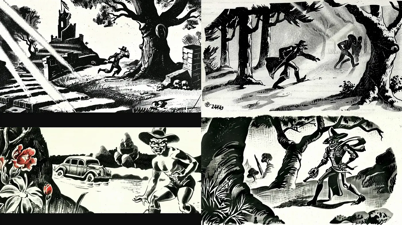 Monochromatic Storybook Nostalgia - Midjourney sref style