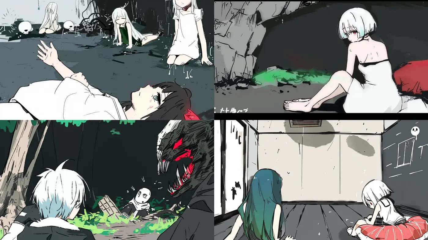 Eerie Monochrome Anime-Inspired Visuals with Surreal Overtones - Midjourney sref style
