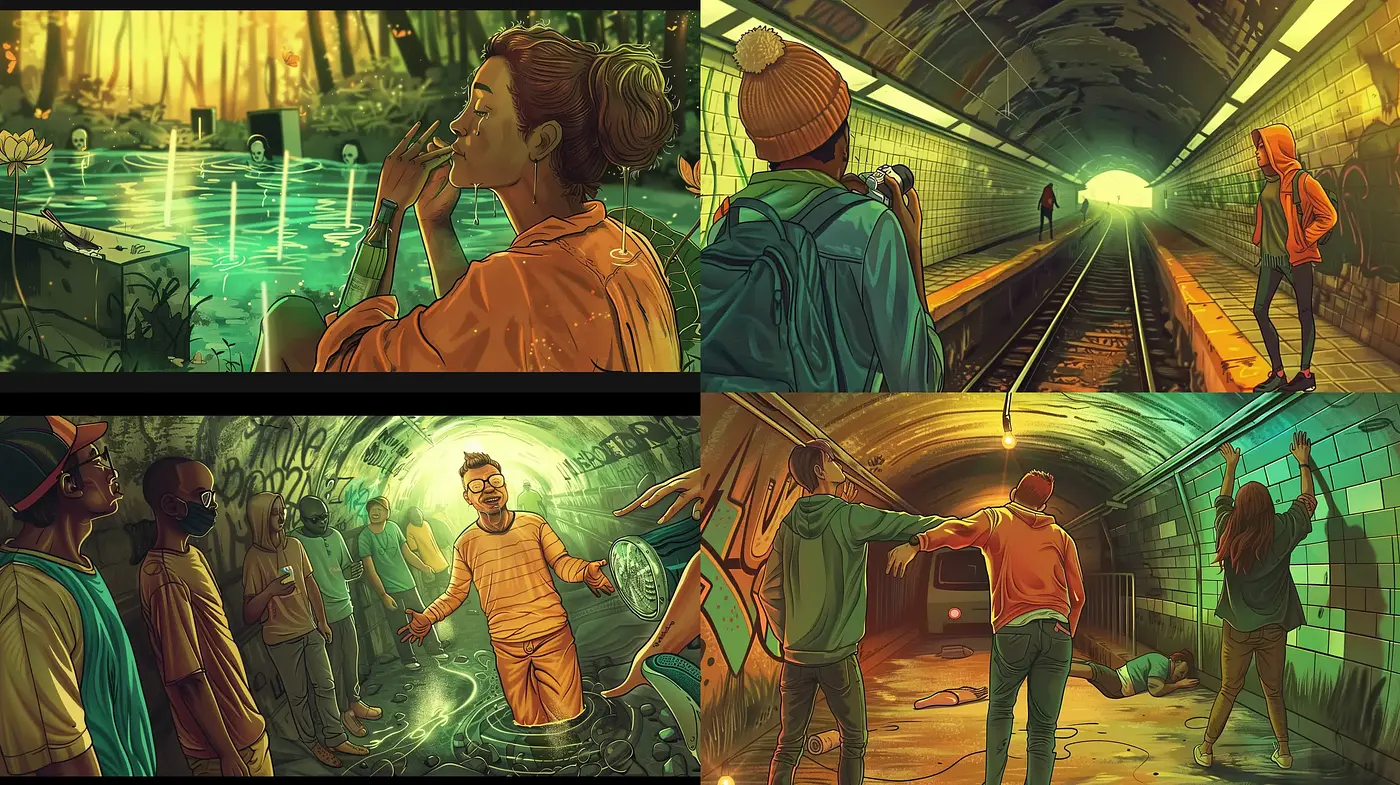 Illuminated Cinematic Novel: A Vivid and Storyboard-like Artistic Journey - Midjourney sref style