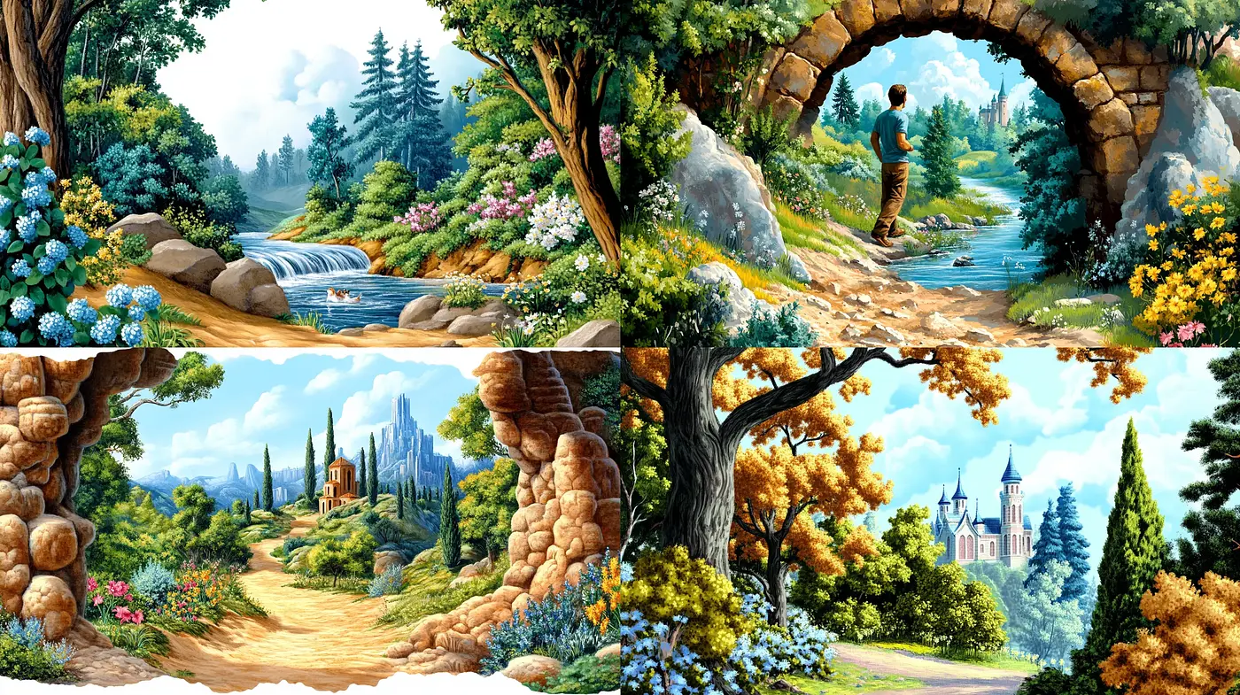 Idyllic Landscape Panoramas with Storybook Imagery - Midjourney sref style