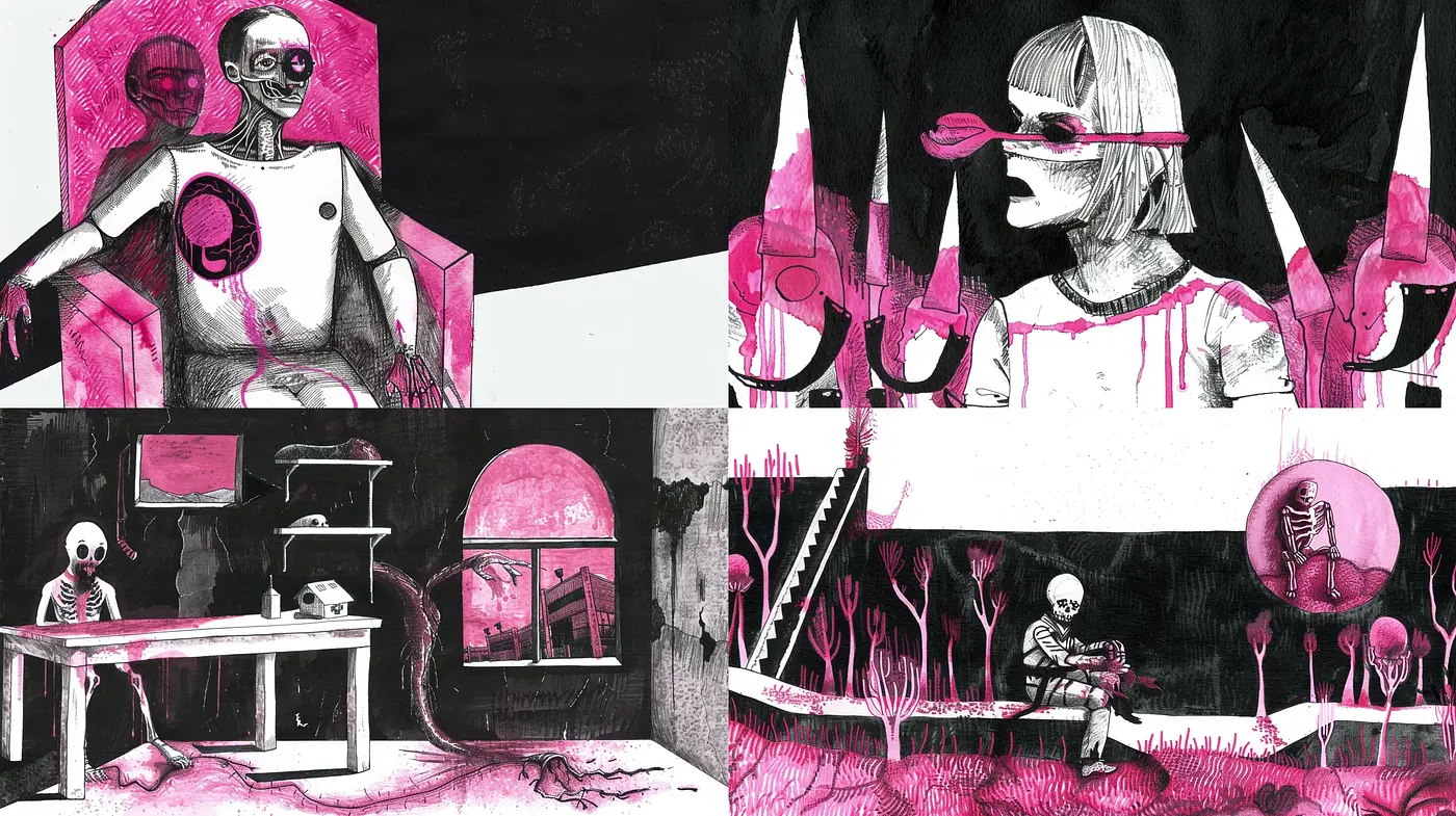 Monochromatic Pink Accents in Surreal Ink Wash Visions - Midjourney sref style