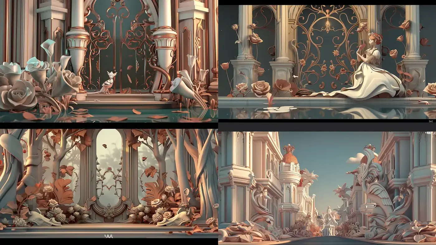 Elegant, whimsical architectural fantasy with intricate floral designs - Midjourney sref style