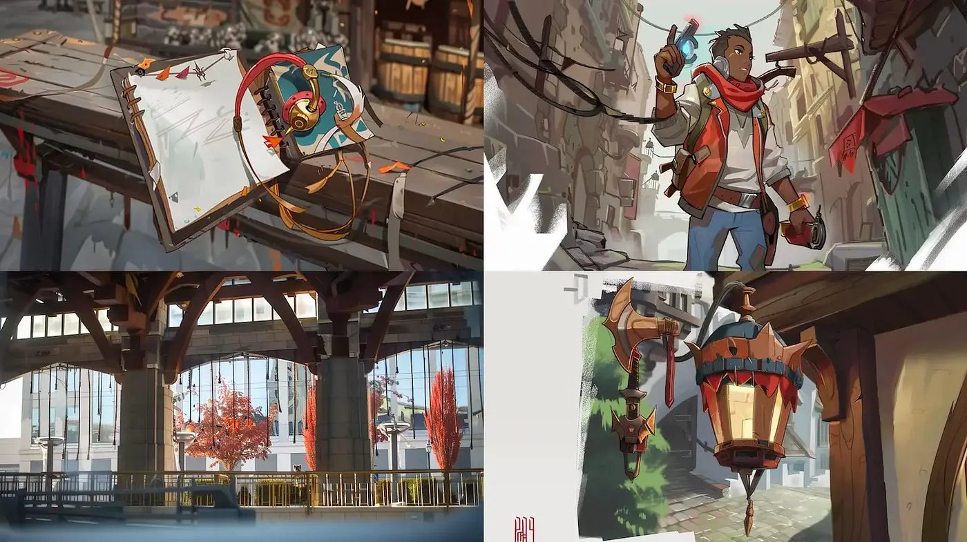 Vibrant urban scenes with whimsical elements and dynamic composition - Midjourney sref style