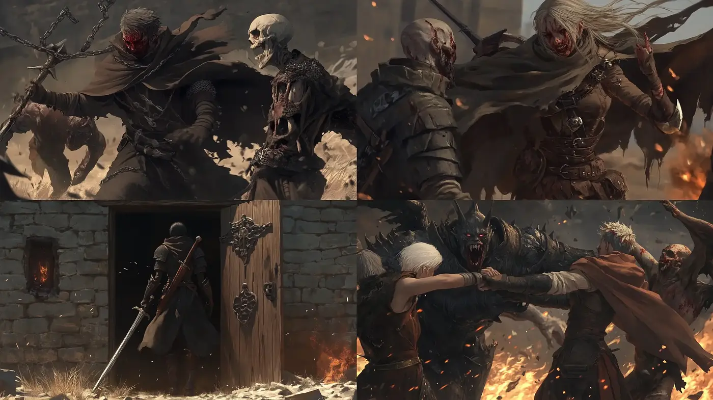 Epic Dark Fantasy Ambush: Skeletal Warriors in a Bleak War-Torn Landscape - Midjourney sref style