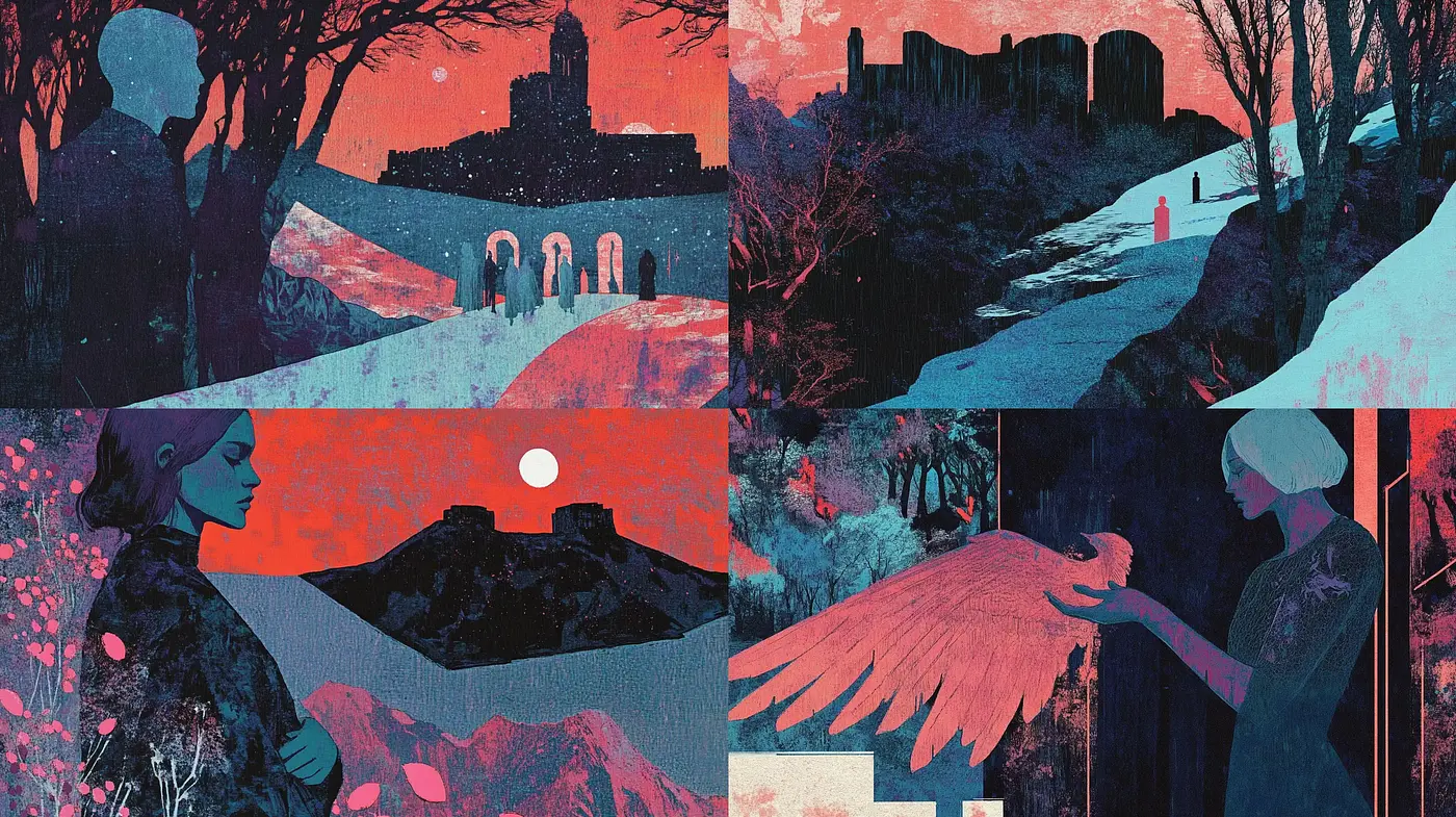 Ethereal Crimson Twilight: A Harmonized Mosaic of Surreal Landscapes and Dreamy Figures - Midjourney sref style