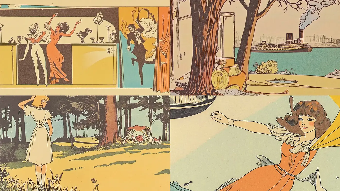 Retro Narrative Elegance with Homogeneous Pastel Harmony - Midjourney sref style