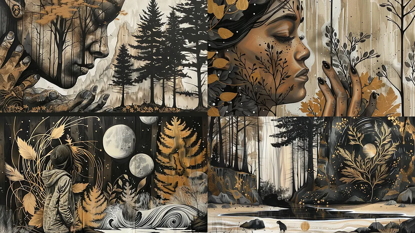 Whispering Woods: A Nostalgic Sepia Ensemble of Nature and Contemplation - Midjourney sref style