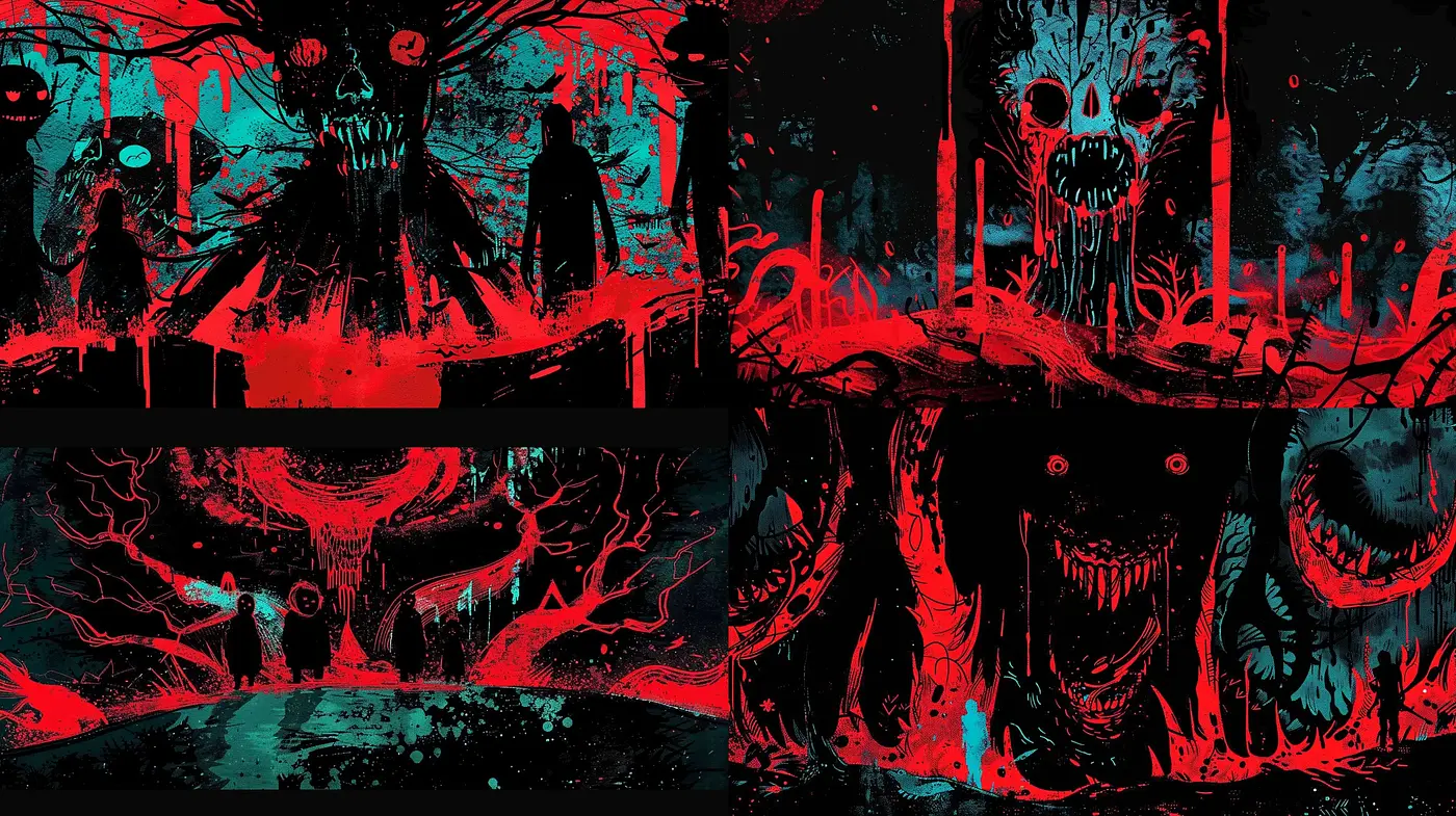 Surreal Nightmare Visions in Crimson and Noir - Midjourney sref style