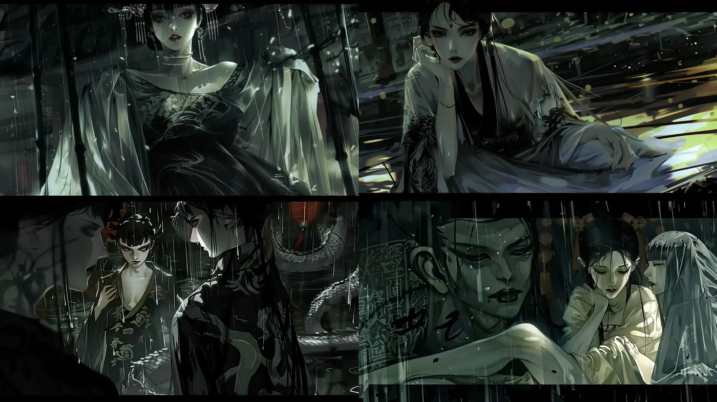 Nocturnal Elegance: A Darkly Stylized Fusion of Neo-Noir and Anime - Midjourney sref style