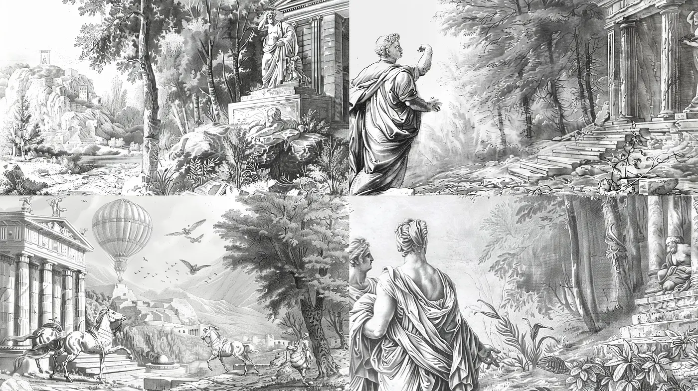 Whispers of an Antiquated Realm: Neoclassical Dreamscapes and Ethereal Visions in Monochrome - Midjourney sref style