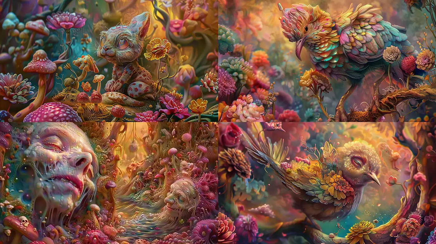Surreal Dreamscape Fusion of Flora and Fauna - Midjourney sref style