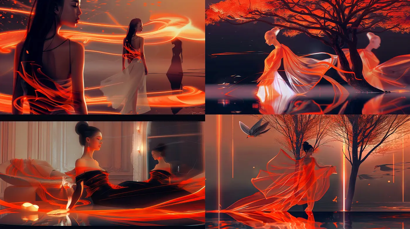 Ethereal Twilight: A Study in Vivid Oranges and Dreamy Silhouettes - Midjourney sref style