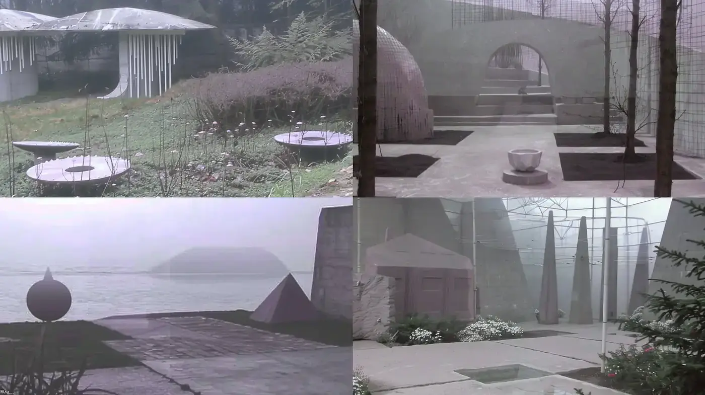 Ethereal, minimalist architectural landscapes with a tranquil atmosphere - Midjourney sref style
