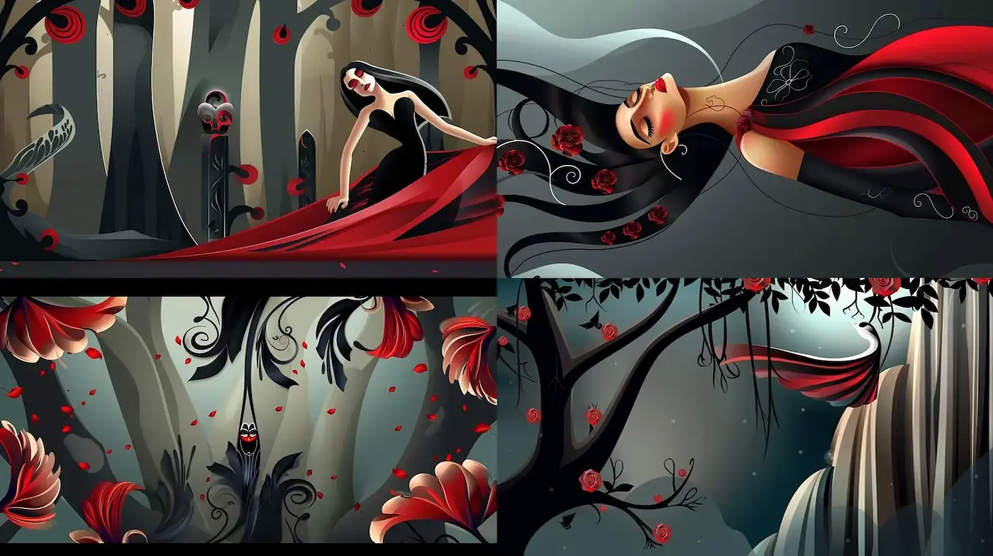 Darkly Elegant Fantasy with Rich Textures and Flowing Forms - Midjourney sref style