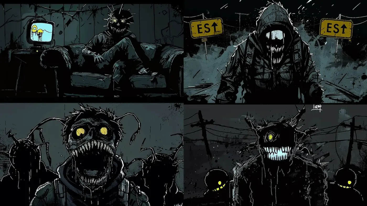 Dark, stylized, and surreal illustration with a comic horror vibe - Midjourney sref style