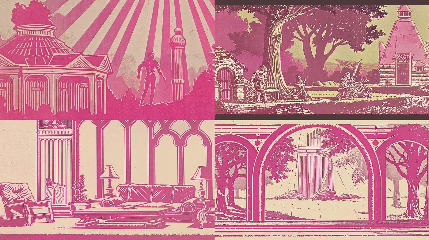 Sunset Hues and Architectural Elements in Stylized Vignettes - Midjourney sref style