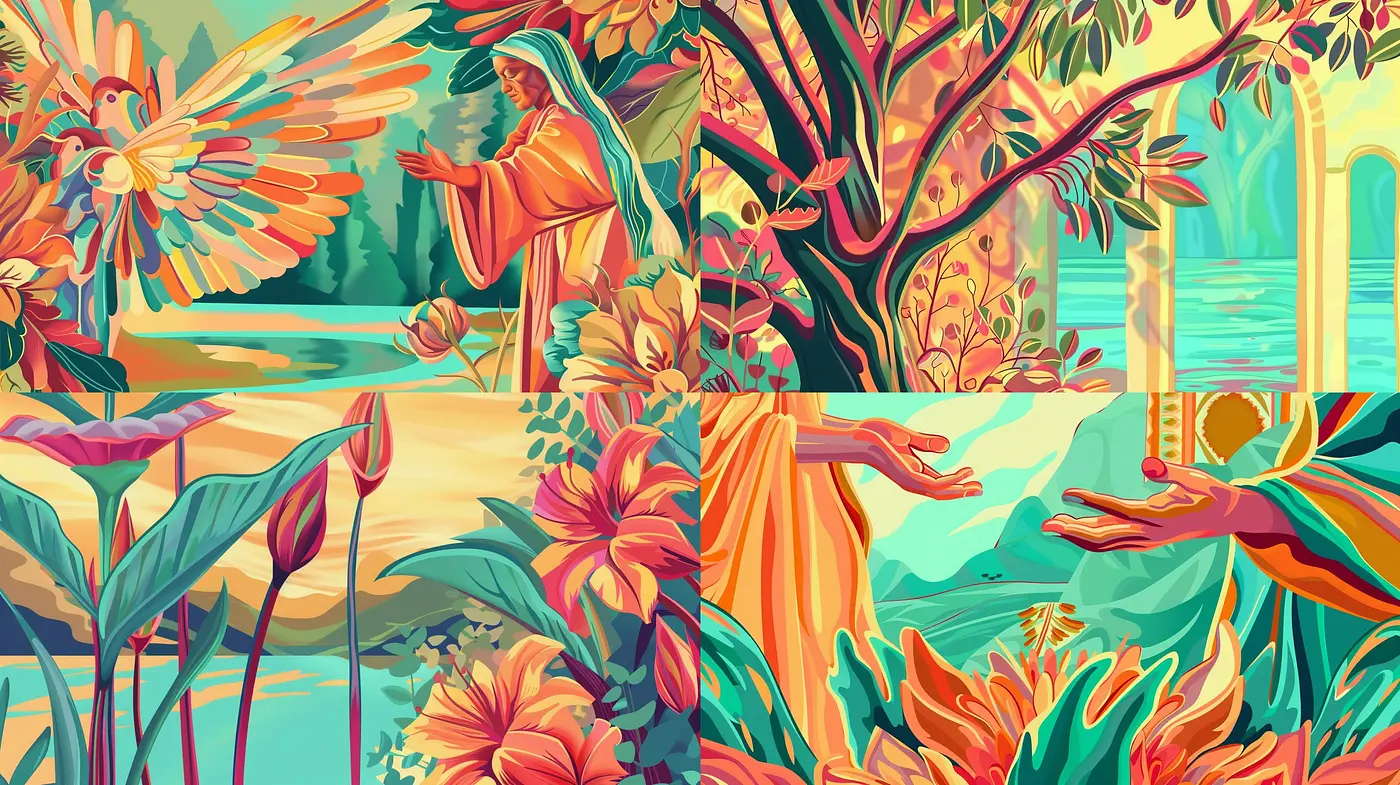 Ethereal Nature's Embrace in Stylized Chromatic Harmony - Midjourney sref style