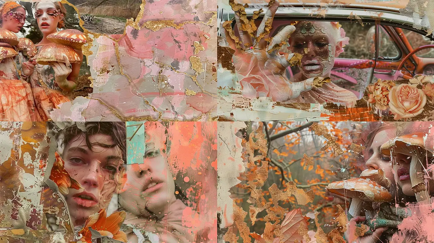 Fragmented Elegance: A Collage of Autumn Hues and Textural Symphony - Midjourney sref style